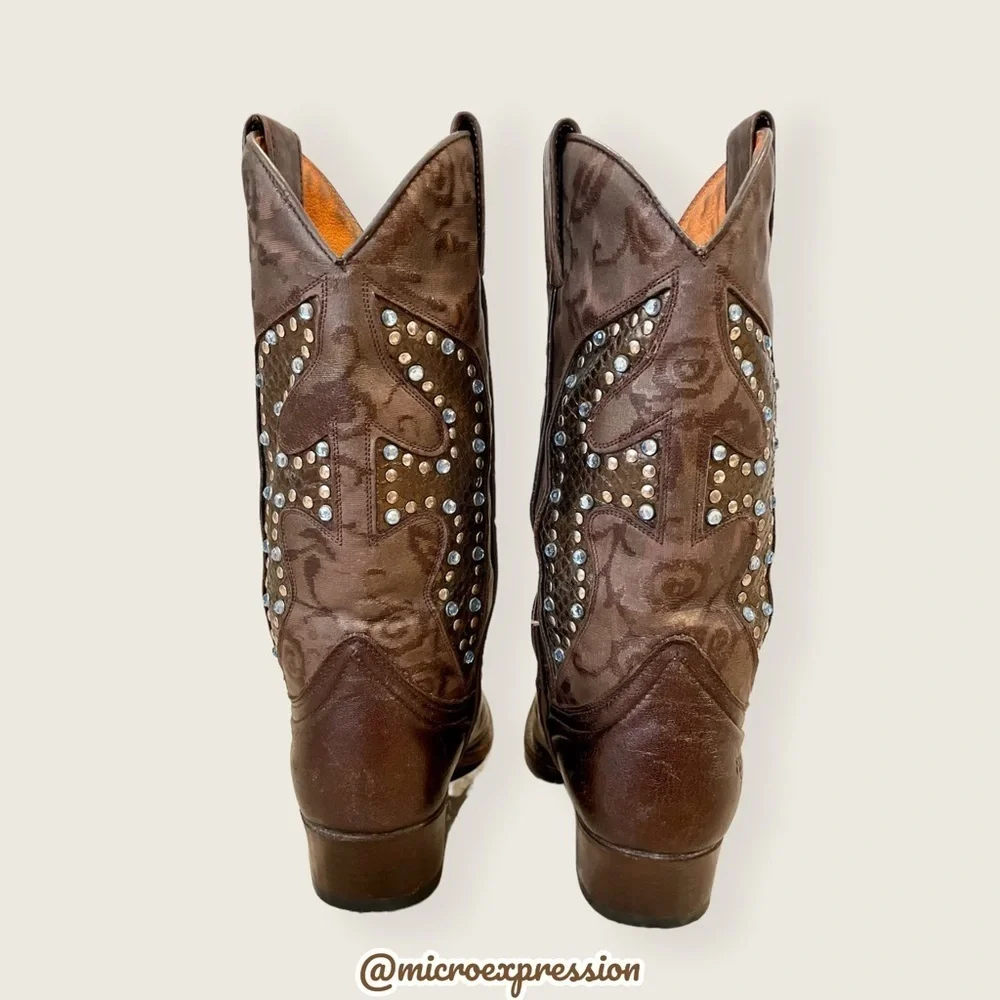 $429 Frye Daisy Duke Floral Metallic Brown Tan Rhinestone Pull On Cowboy Boot - Picture 9 of 15